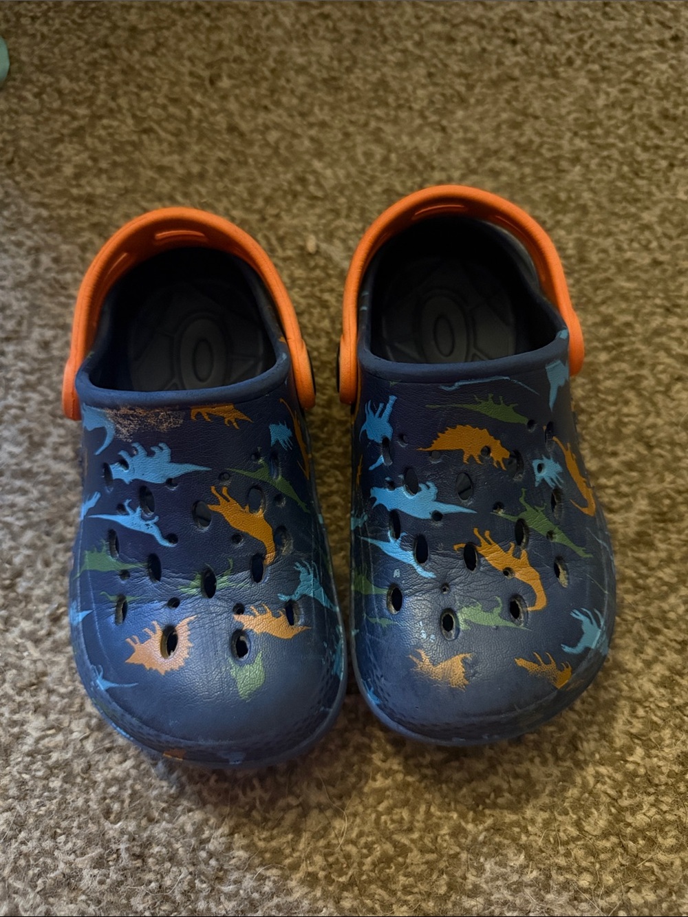 Kids Navy Dinosaur Clogs with Orange Heel Strap